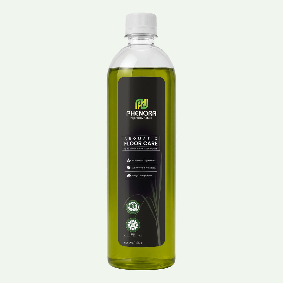 A 1L clear plastic bottle of Phenora Aromatic Floor Care liquid with a white cap, filled with yellow-green liquid, set against a solid off-white background.